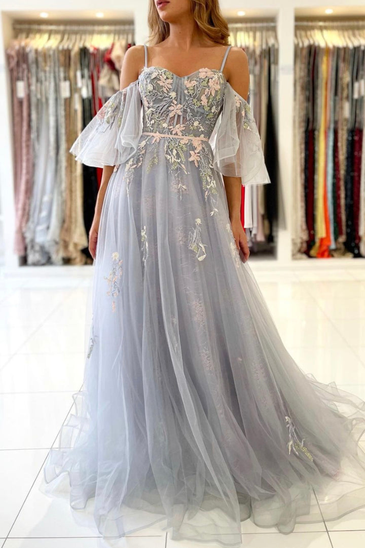 Luolandi Gray Spaghetti Strap Long Prom Dresses A-Line Evening Dress With Flowers