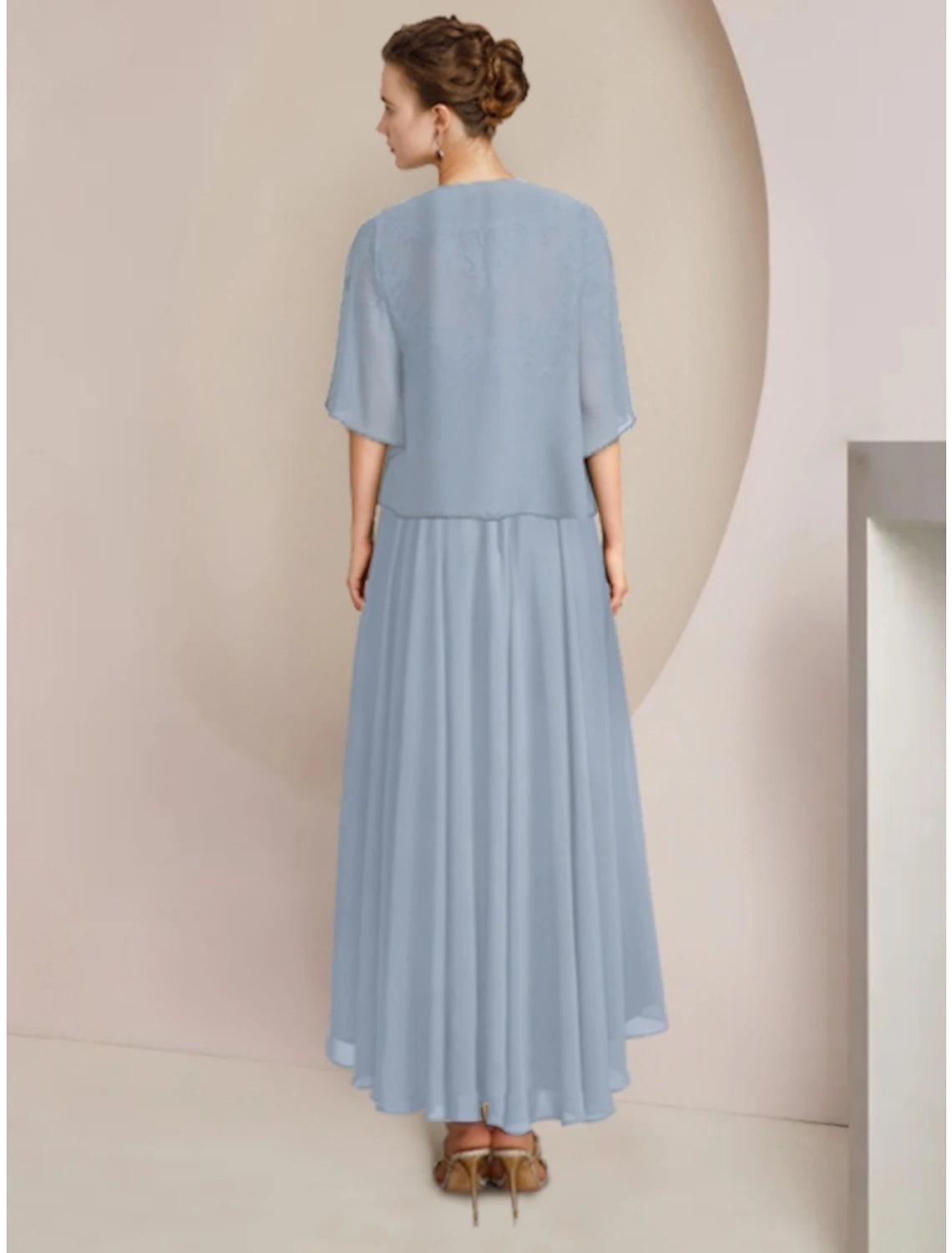 Luolandi Sheath / Column Mother of the Bride Dress Wedding Guest Vintage Elegant V Neck Asymmetrical Ankle Length Chiffon Lace Half Sleeve with Pleats