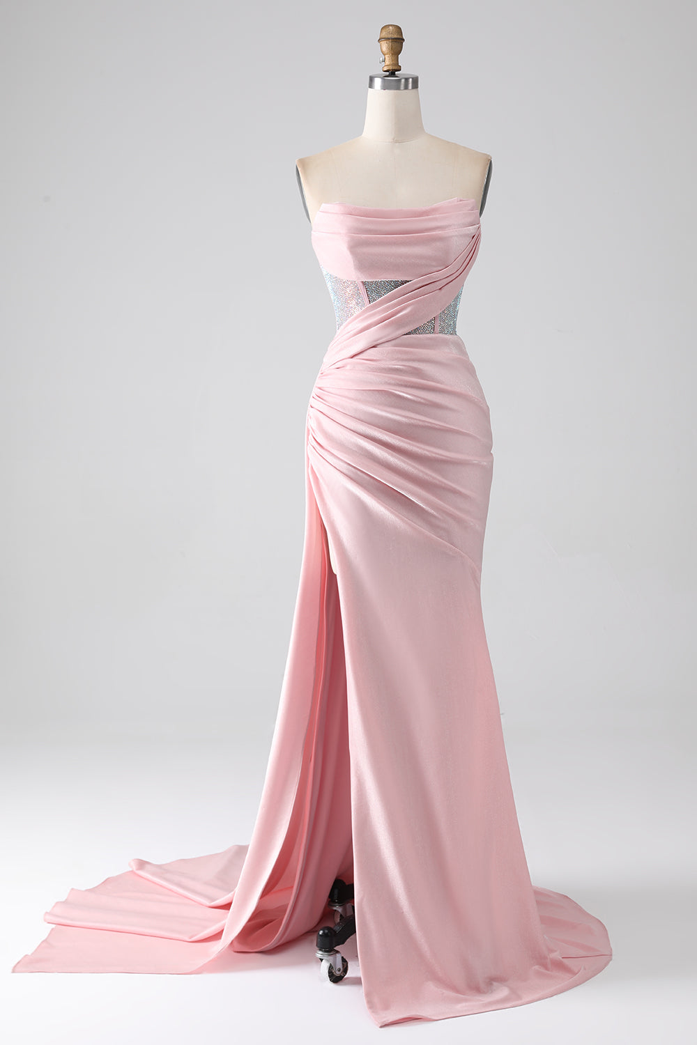 Luolandi Mermaid Strapless Beaded Pleated Long Pink Prom Dress With High Slit Sexy Evening Dresses