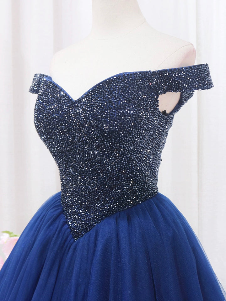 Luolandi Blue Tulle Beaded Long Prom Dress Off the Shoulder Evening Party Dress Sparkly