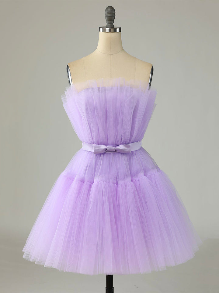 Luolandi Purple Strapless Tulle Knee Length Party Dress A-Line Homecoming Dress Off Shoulder