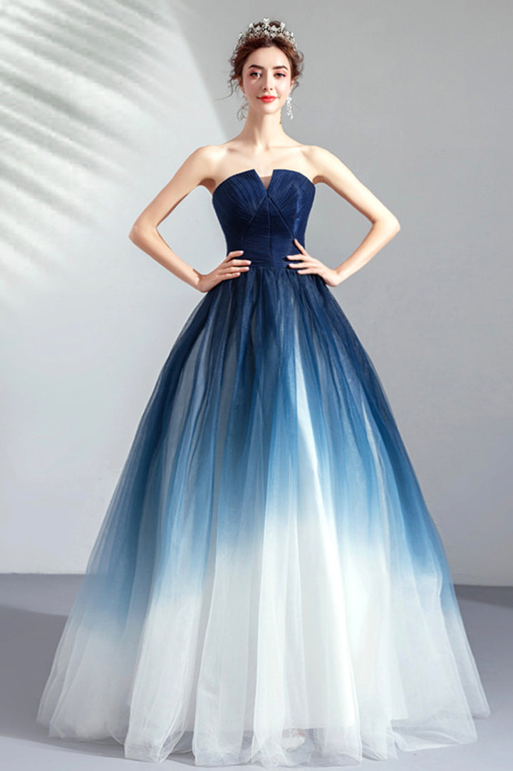 Luolandi Blue Gradient Tulle Long Party Dresses A-Line Elegant Lace-Up Prom Dresses Off Shoulder