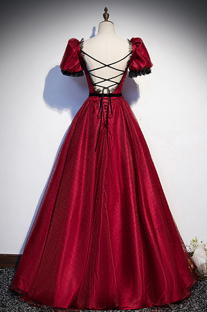 Luolandi Burgundy Tulle Long Prom Dresses A-Line Backless Evening Dresses Floor Length