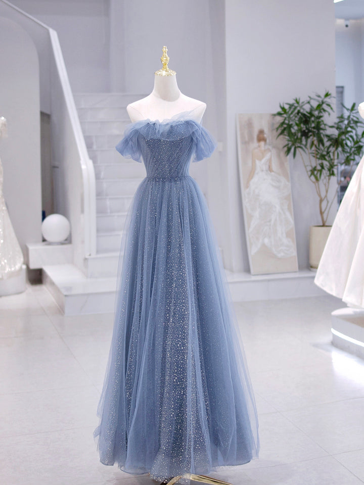Luolandi Blue Strapless Tulle Long Prom Dress A-Line Evening Dress Off Shoulder