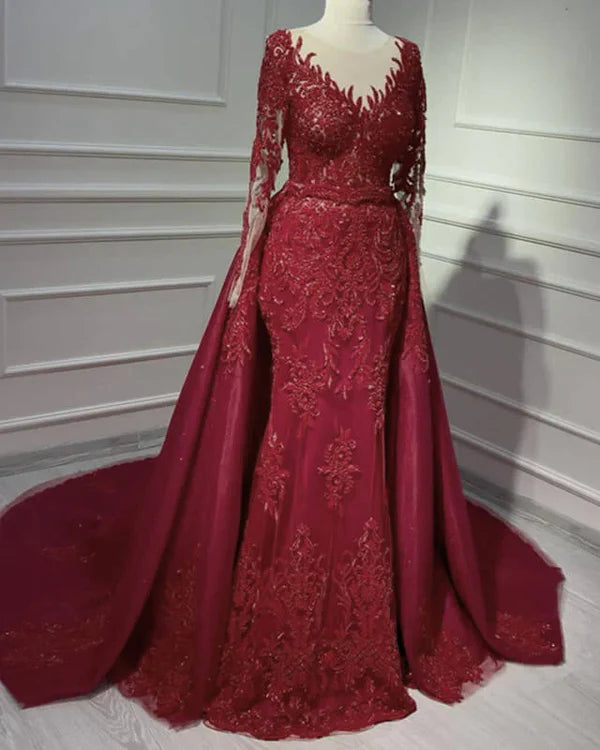 Luolandi Mermaid Burgundy V-Neck Long Sleeves Appliques Sleeved Dress With Sweep Train Prom Dress Evening Dress