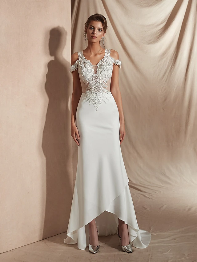 Luolandi Mermaid Trumpet Wedding Dresses V Neck Asymmetrical Matte Satin Short Sleeve Casual Sexy Illusion Detail Modern
