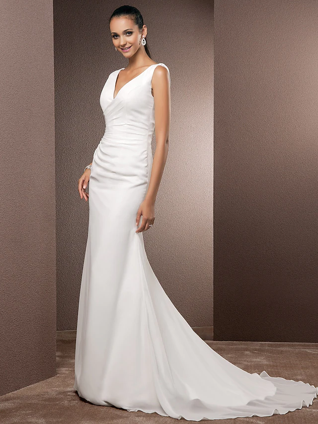 Luolandi Wedding Dresses V Neck Court Train Chiffon Over Satin Regular Straps Vintage Backless Elegant