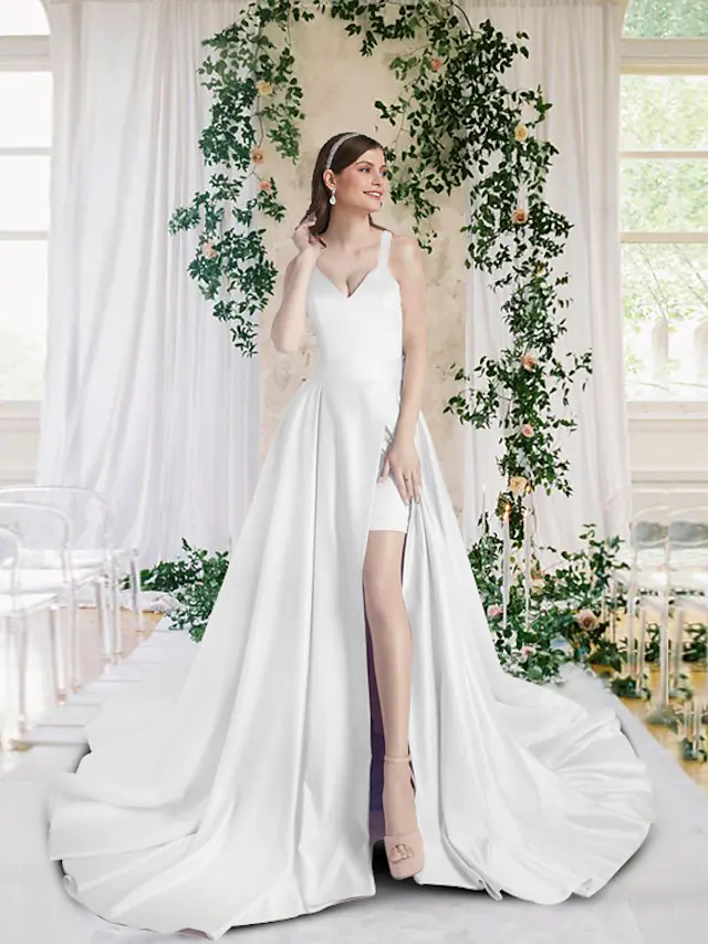 Luolandi Wedding Dresses V Neck Chapel Train Short Mini Satin Sleeveless Simple with Split