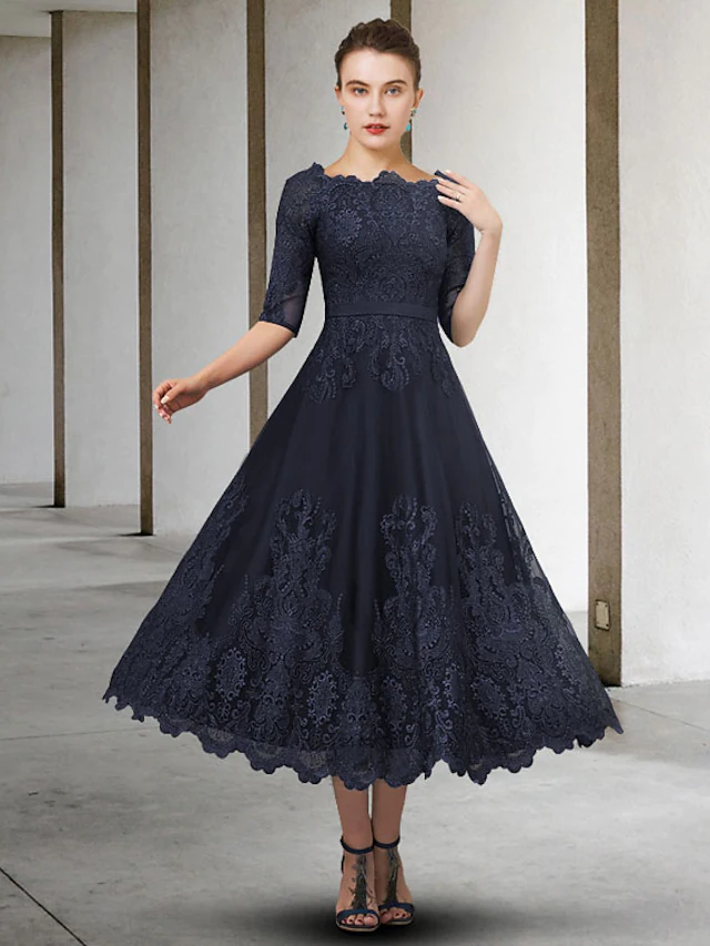 Luolandi A-Line Mother of the Bride Dress Elegant Jewel Neck Ankle Length Lace Tulle Half Sleeve