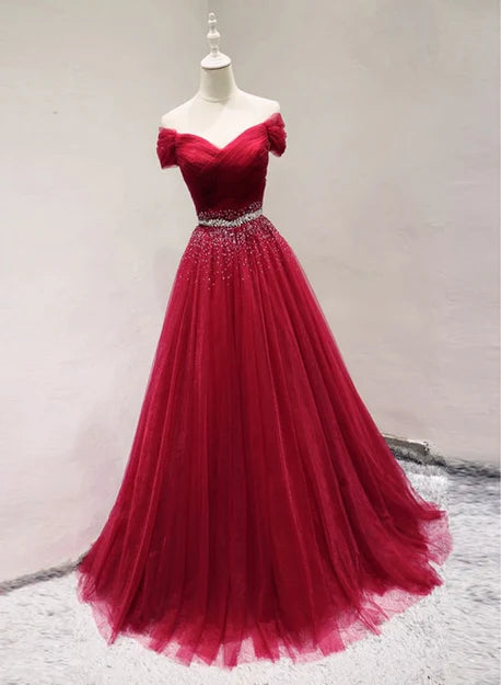 Luolandi Beautiful Dark Red Tulle Off Shoulder Long Prom Dress Beaded Party Dress Elegant Evening Dress