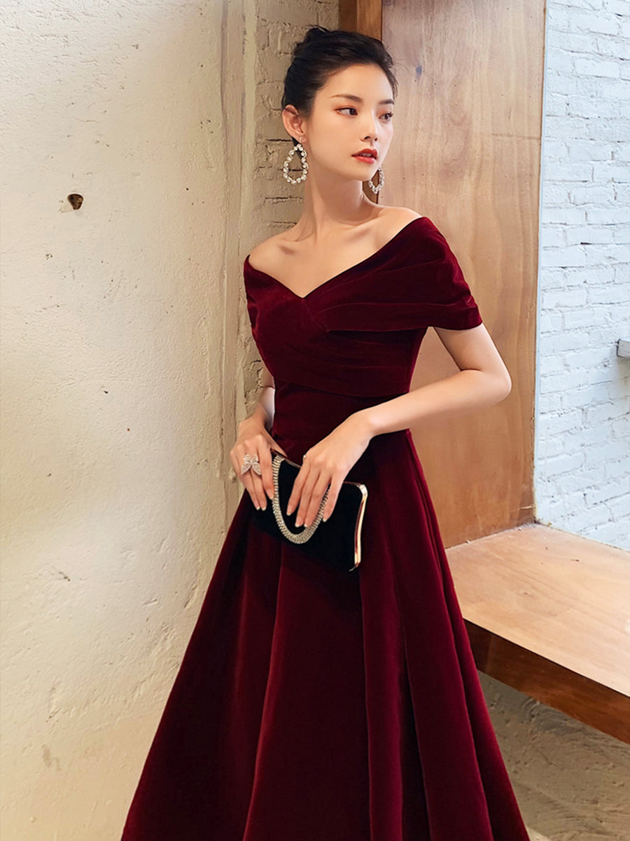 Luolandi Burgundy V-Neck Velvet Long Prom Dress Off Shoulder Evening Party Dress Sexy