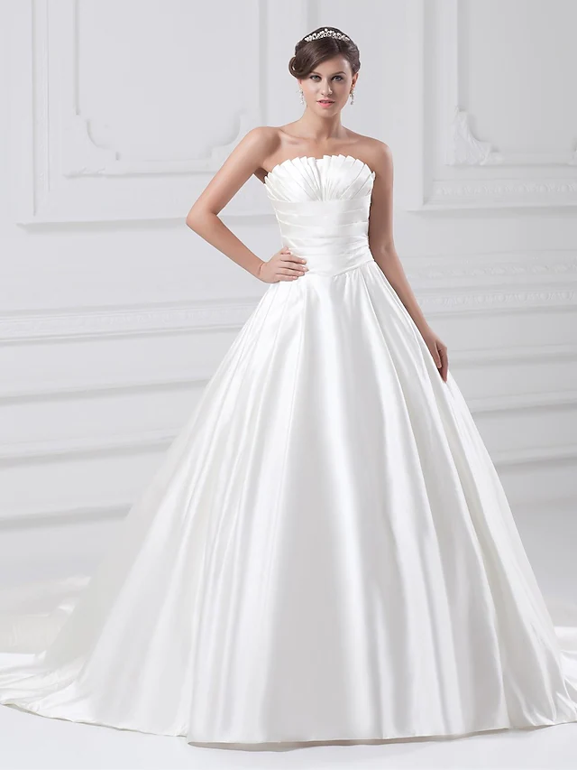 Luolandi Ball Gown Wedding Dresses Strapless Court Train Satin Strapless Plus Size with Ruched