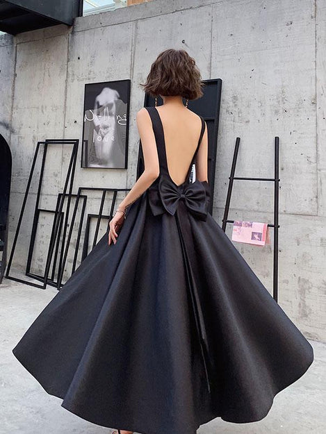 Luolandi Black Satin Backless Tea Length Vintage Style Party Dress Short Prom Dress Formal Dress Evening Dress With Bow