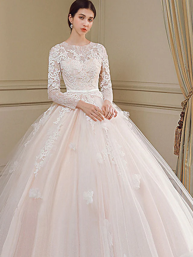 Luolandi Princess Ball Gown Wedding Dresses Jewel Neck Chapel Train Lace Tulle Long Sleeve Formal Romantic Luxurious with Bow(s)