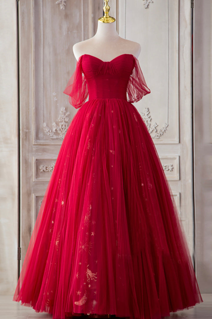 Luolandi Red Tulle Long Prom Dresses A-Line Off the Shoulder Formal Dresses Sexy