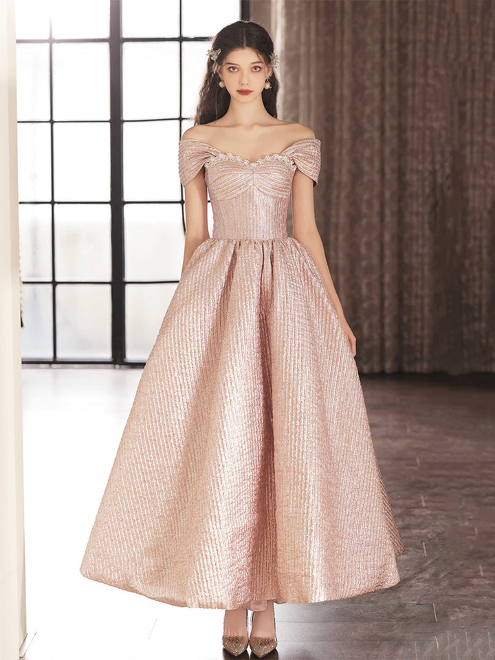 Luolandi Cute Satin Tea Length Prom Dress Off the Shoulder Pink A-Line Party Dress Beautiful