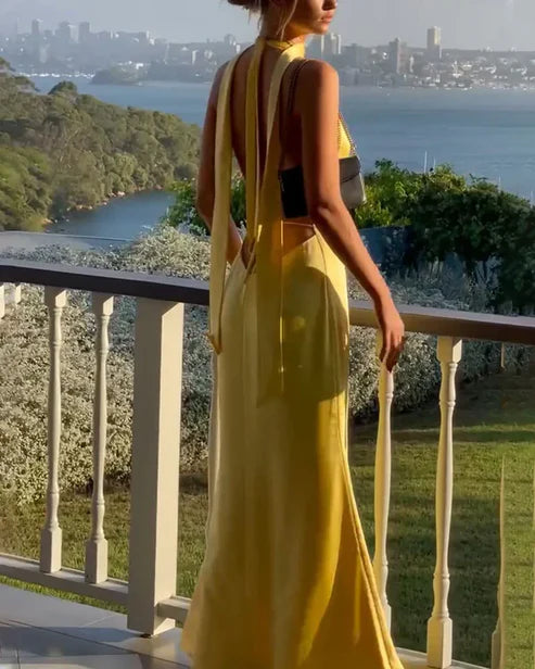 Luolandi Yellow Deep V Neck Backless Sheath Long Formal Party Dress Sexy Prom Dress