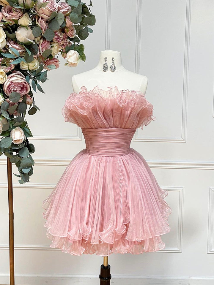 Luolandi Pink Strapless Tulle Short Prom Dress Cute A-Line Homecoming Dress Off Shoulder