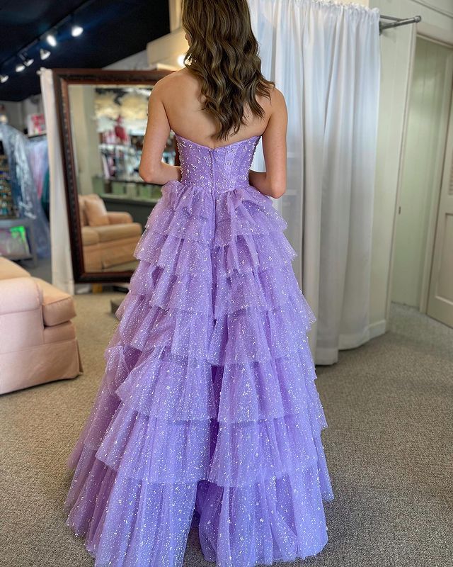 Luolandi Ball Gown Sweetheart Tulle Tiered Ruffle Prom Dress Off Shoulder Sexy Sparkly