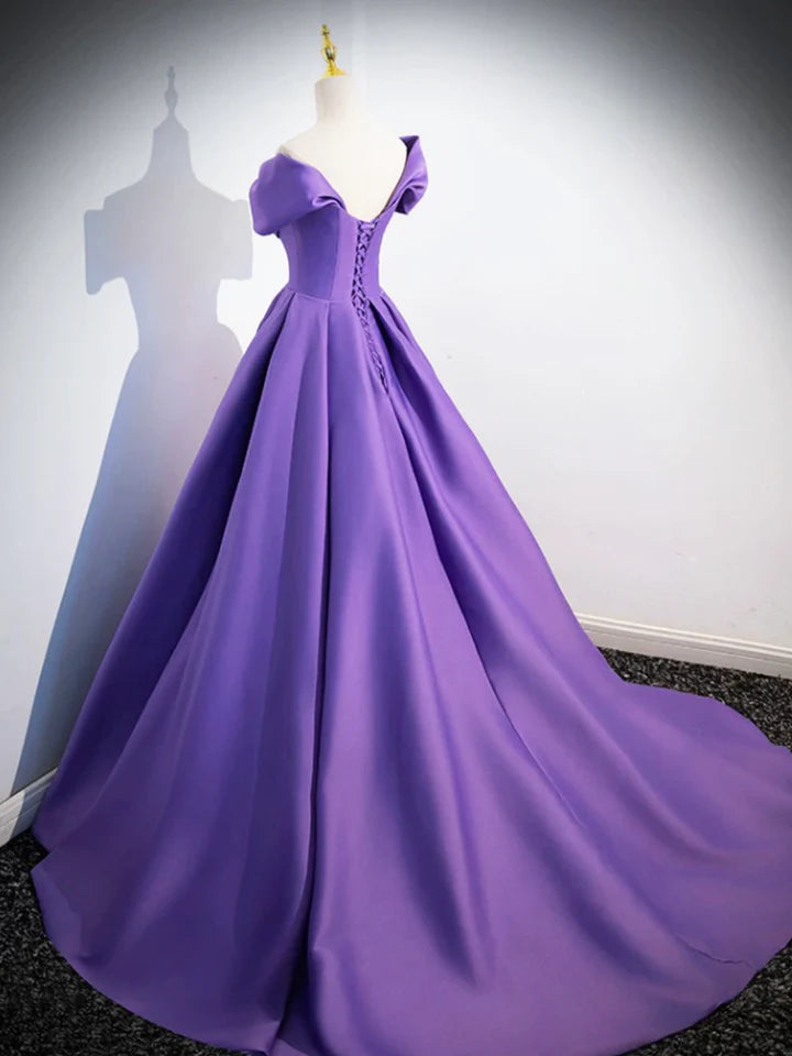 Luolandi Purple Satin Long A-Line Prom Dress Lovely Off Shoulder Formal Evening Dress V-neck