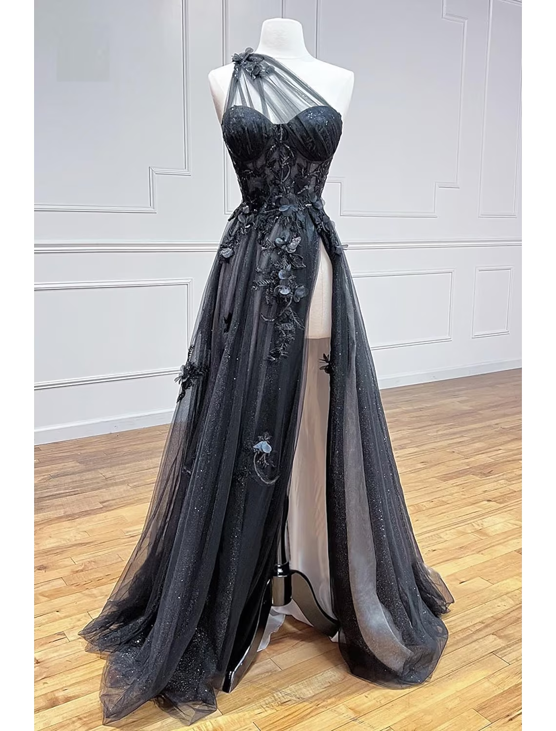 Luolandi A-Line Prom Dresses Color Block Dress Formal Sweep / Brush Train Sleeveless One Shoulder Tulle Backless