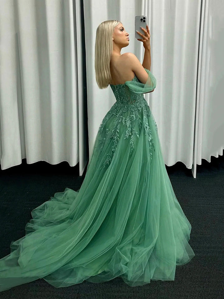 Luolandi Green Tulle Lace Long Prom Dress Off the Shoulder A-Line Evening Party Dress Sexy