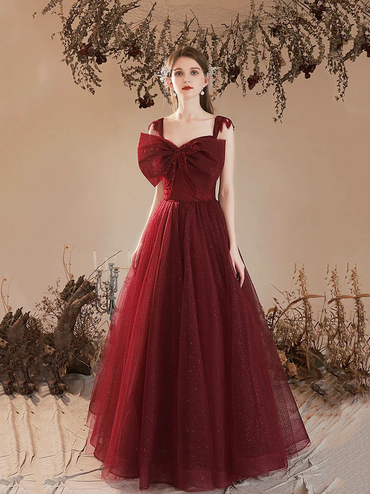 Luolandi Burgundy Tulle Long Prom Dress Lovely A-Line Evening Party Dress with Bow Floor Length