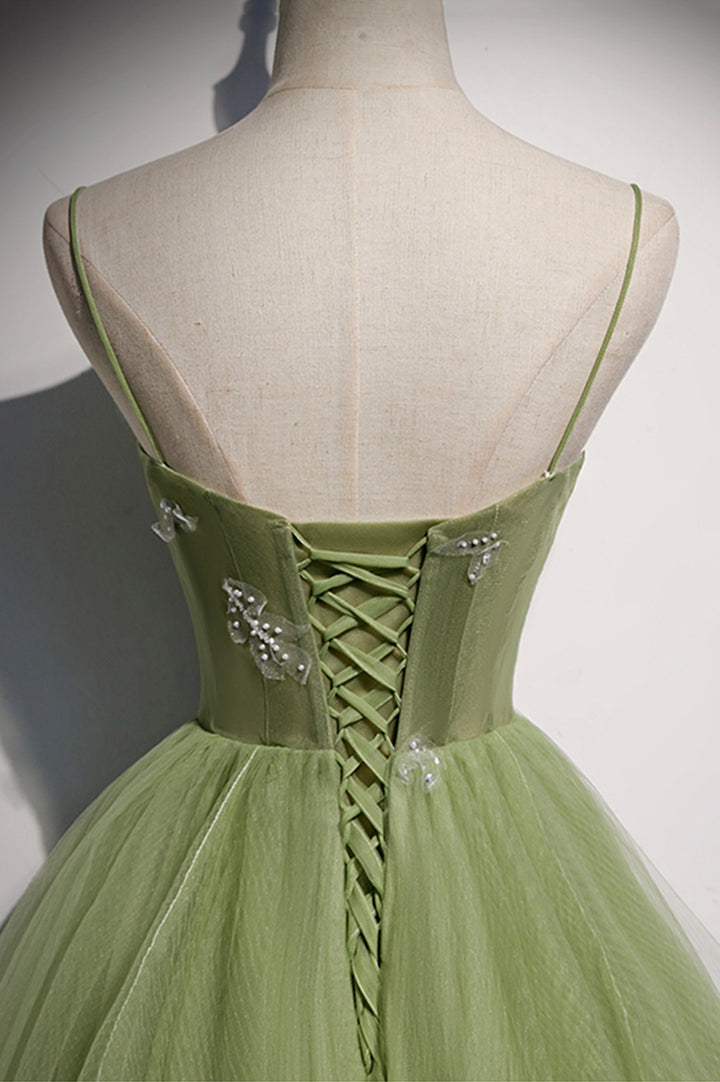 Luolandi Green Tulle Long A-Line Prom Dresses Green Spaghetti Straps Evening Dresses Beautiful