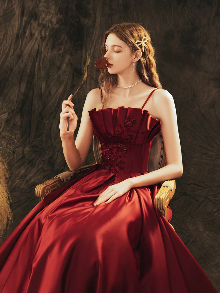 Luolandi Burgundy Satin Beaded Long Prom Dress Beautiful A-Line Evening Party Dress Sexy