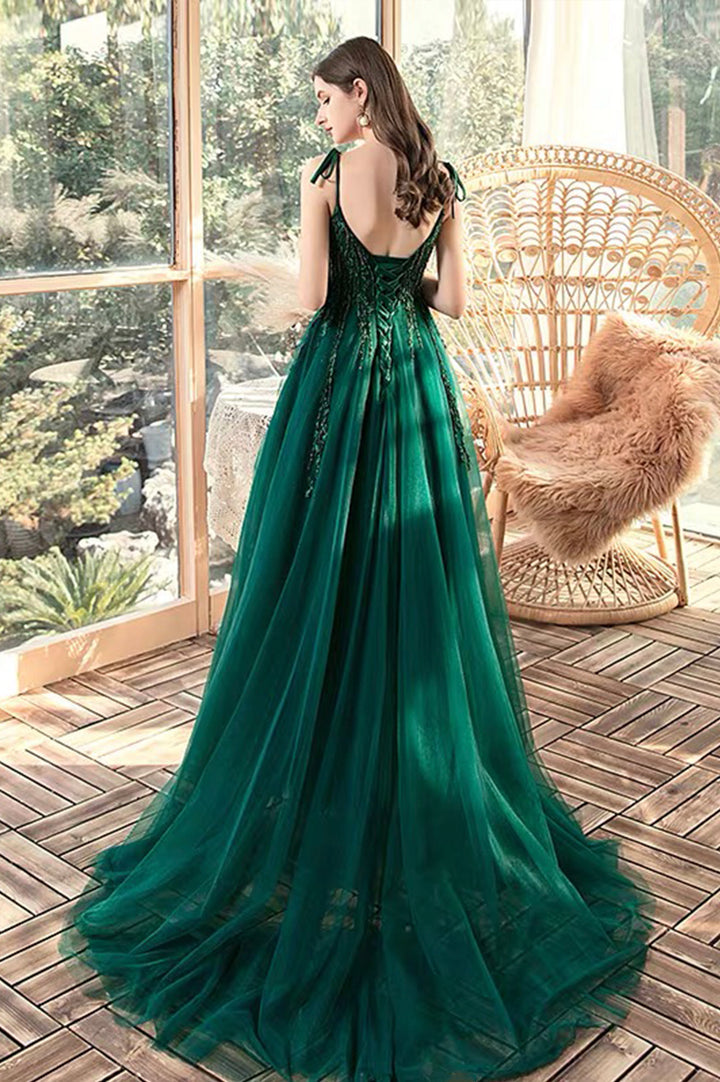 Luolandi Green V-Neck Lace Long Prom Dresses A-Line Evening Dresses Floor Length