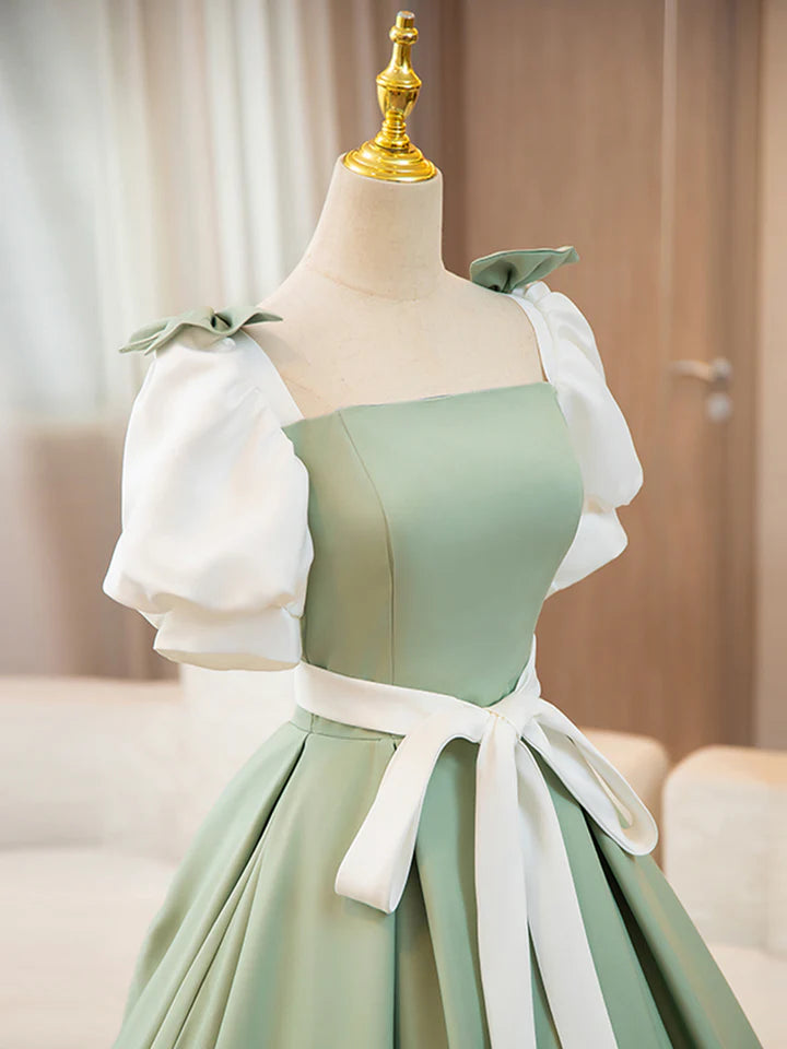 Luolandi and Green Satin Long Prom Dress A-Line Short Sleeve Evening Party Dress Beautiful