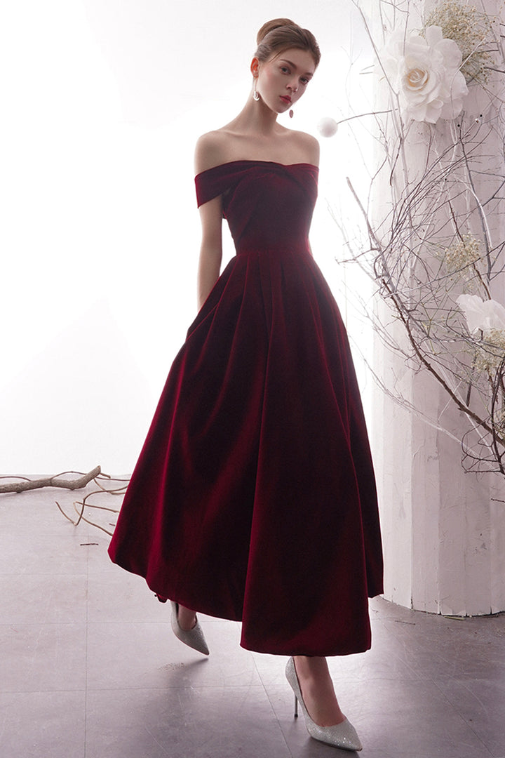 Luolandi Burgundy Velvet Long Prom Dresses Off the Shoulder Evening Dresses Sexy