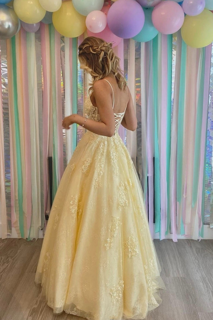 Luolandi Yellow V-Neck Lace Long Prom Dress A-Line Backless Evening Dress Sexy