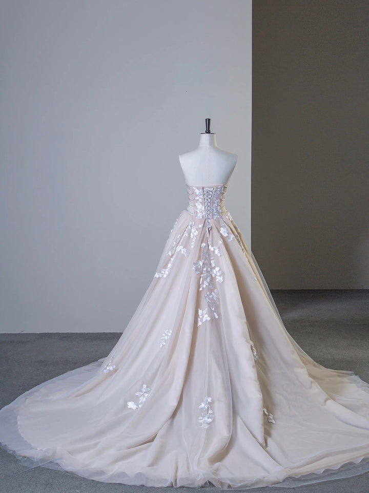 Luolandi Champagne Tulle Lace Long Prom Dress Elegant Strapless A-Line Formal Evening Dress Wedding Dress