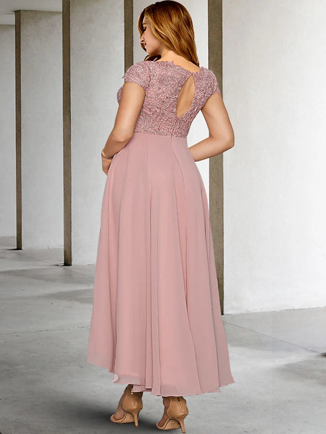 Luolandi A-Line Plus Size Curve Mother of the Bride Dresses Elegant Dress Formal Asymmetrical Short Sleeve Jewel Neck Chiffon