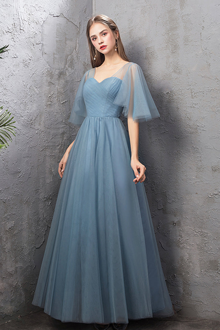 Luolandi Blue Tulle Long Prom Dresses A-Line Simple Evening Dresses Floor Length