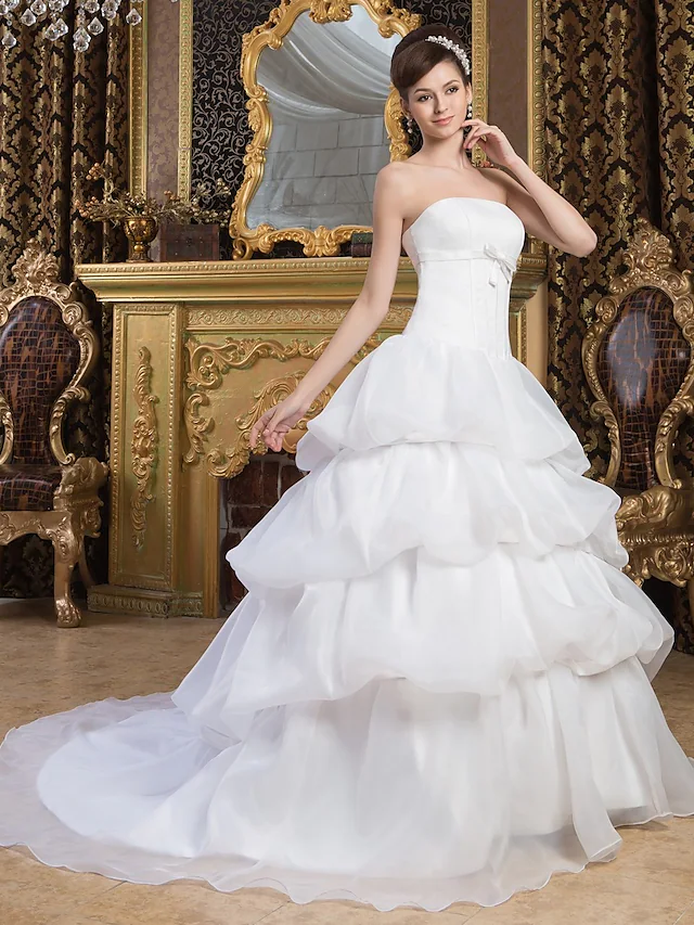 Luolandi Ball Gown Wedding Dresses Strapless Court Train Organza Satin Strapless with Pick Up Skirt