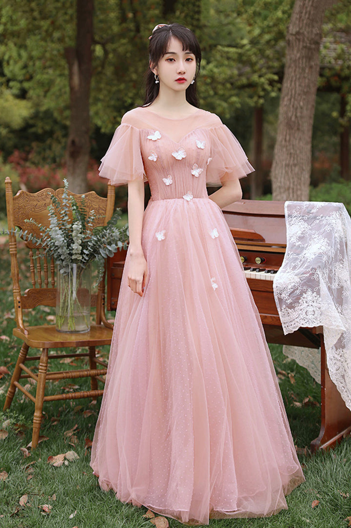 Luolandi Pink Tulle Long Prom Dresses A-Line Tulle Party Dresses With Butterfly Bridesmaid Dresses