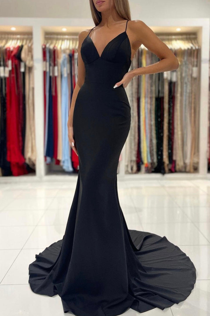 Luolandi Black V-Neck Long Mermaid Prom Dress Backless Evening Dress Sexy