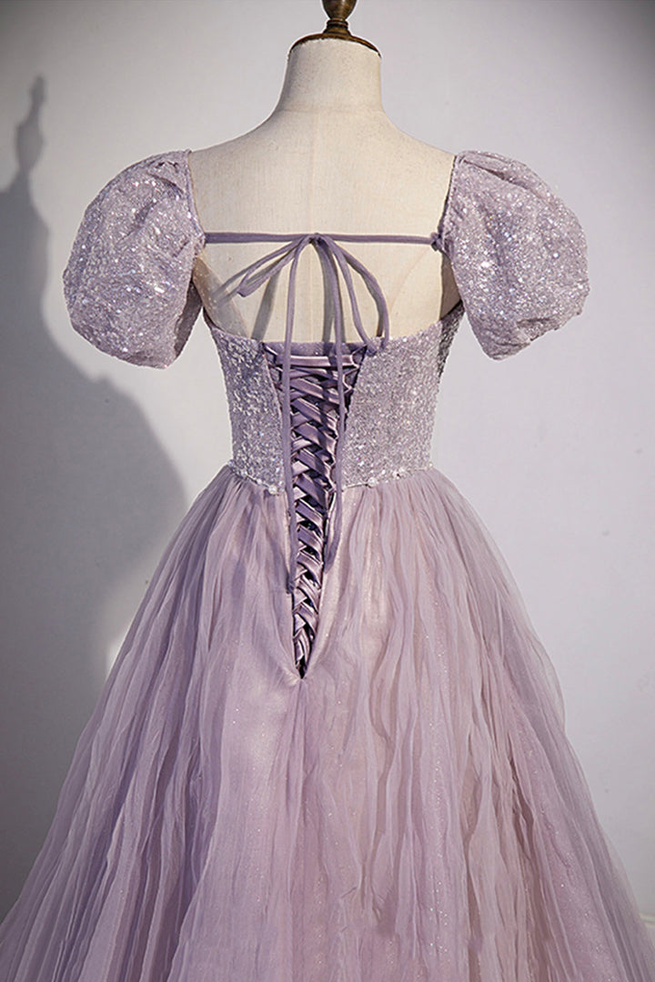 Luolandi Purple Tulle Sequins Floor Length Prom Dress A-Line Evening Party Dress Sparkly