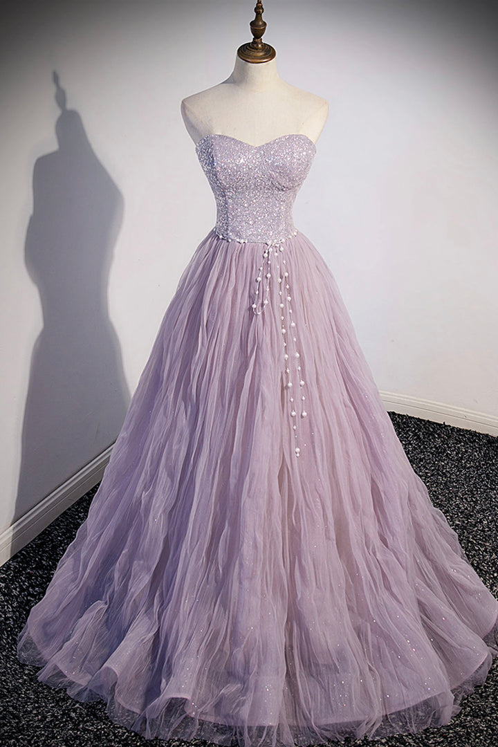Luolandi Purple Tulle Sequins Floor Length Prom Dress A-Line Evening Party Dress Sparkly