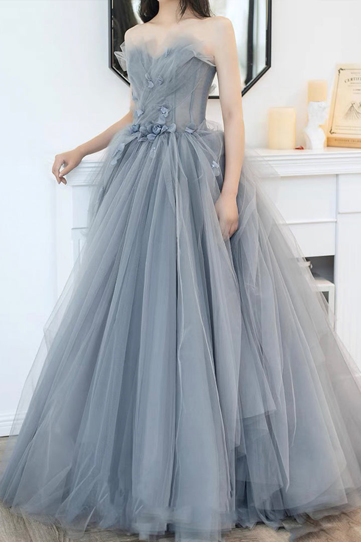 Luolandi Gray Tulle Long A-Line Prom Dresses Strapless Evening Dresses Off Shoulder
