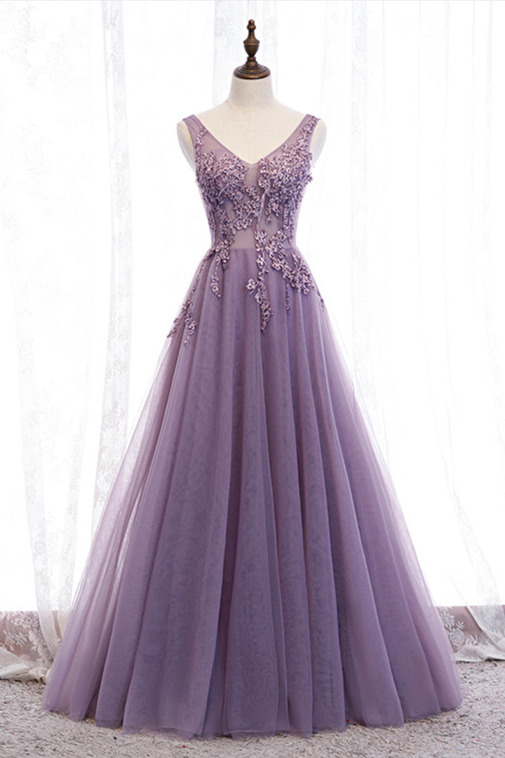 Luolandi Purple V-Neck Lace Long Prom Dresses A-Line Evening Party Dresses Sexy