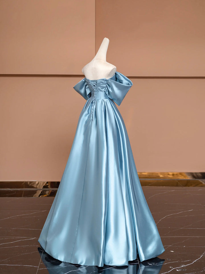 Luolandi Blue Satin Floor Length Prom Dress Off the Shoulder Evening Party Dress Off Shoulder
