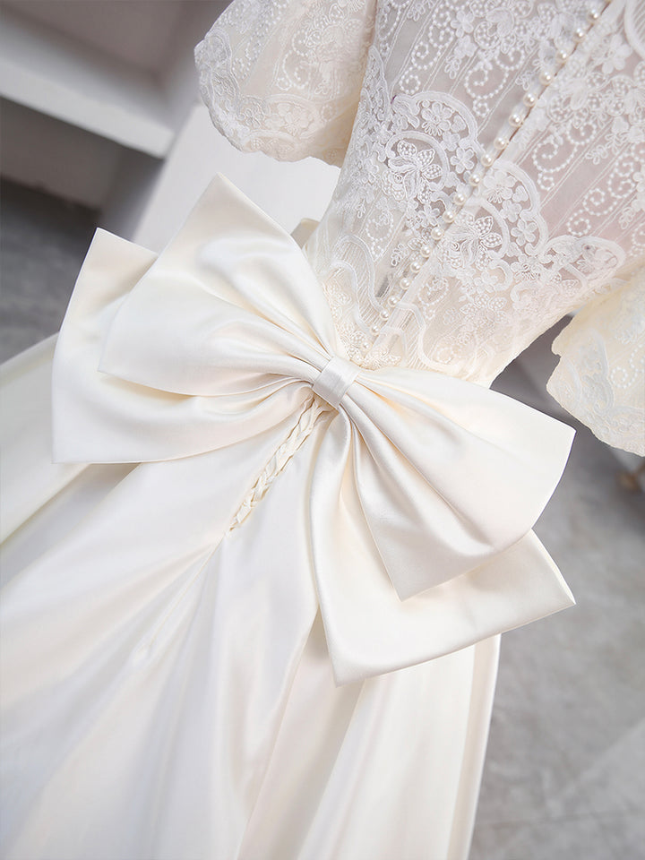 Luolandi Beautiful Sweetheart Neck Satin Long Prom Dress with Detachable Lace Formal Wedding Dress