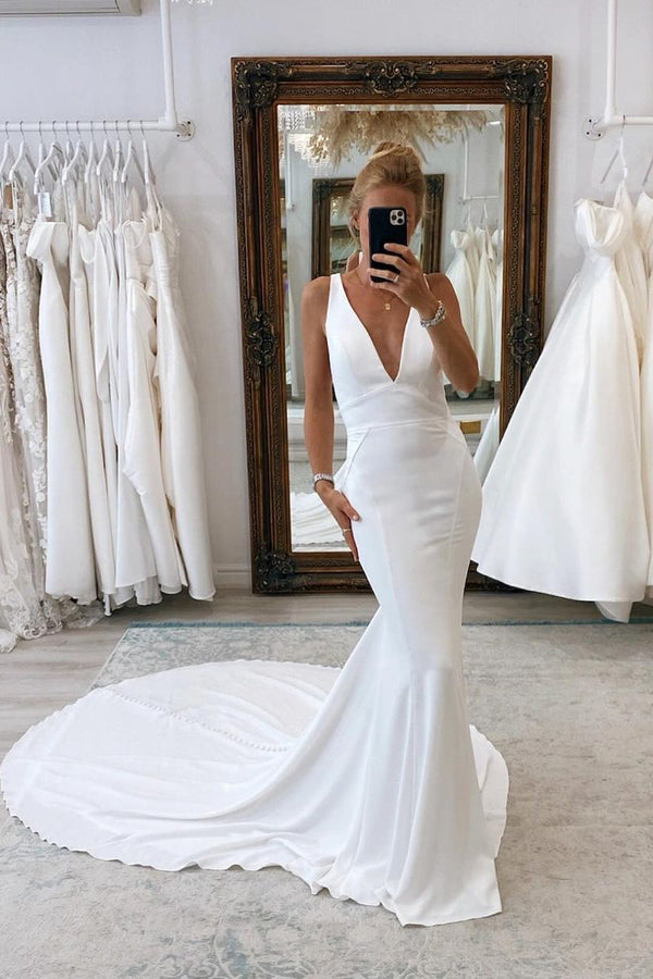 Luolandi Simple Mermaid V Neck Satin Wedding Dresses Sexy