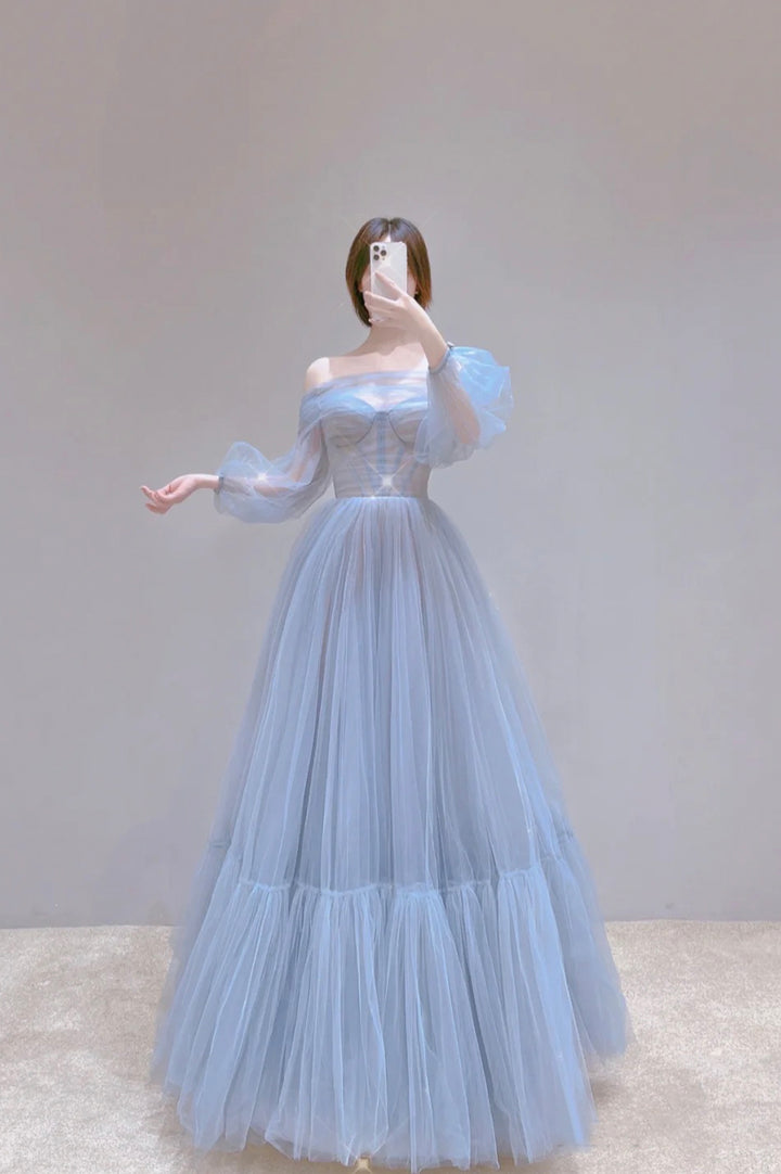 Luolandi Blue Tulle Long A-Line Prom Dress Long Sleeve Tulle Evening Dress Party Dress