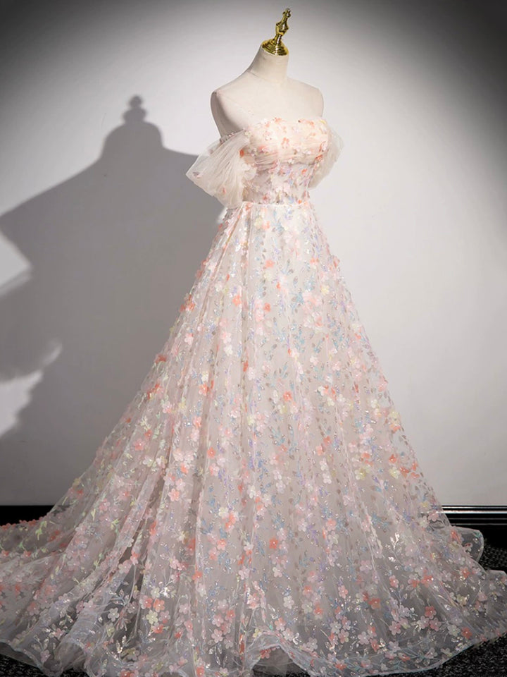 Luolandi Lovely Three-dimensional Floral Floor Length Prom Dress Off the Shoulder Evening Party Dress With Flowers