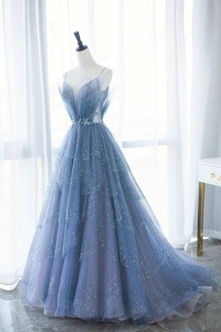 Luolandi Blue Tulle Long A-Line Prom Dresses Evening Dresses with Beaded Sparkly