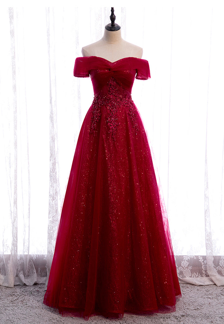 Luolandi Burgundy Lace Long Prom Dresses A-Line Off the Shoulder Evening Dresses Floor Length